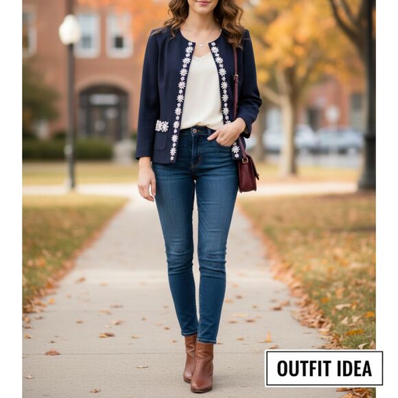 Talbots Blazer Navy Open Bead 3/4 Sleeve Old Money Cottagecore Nautical Preppy 8 - Picture 10 of 10